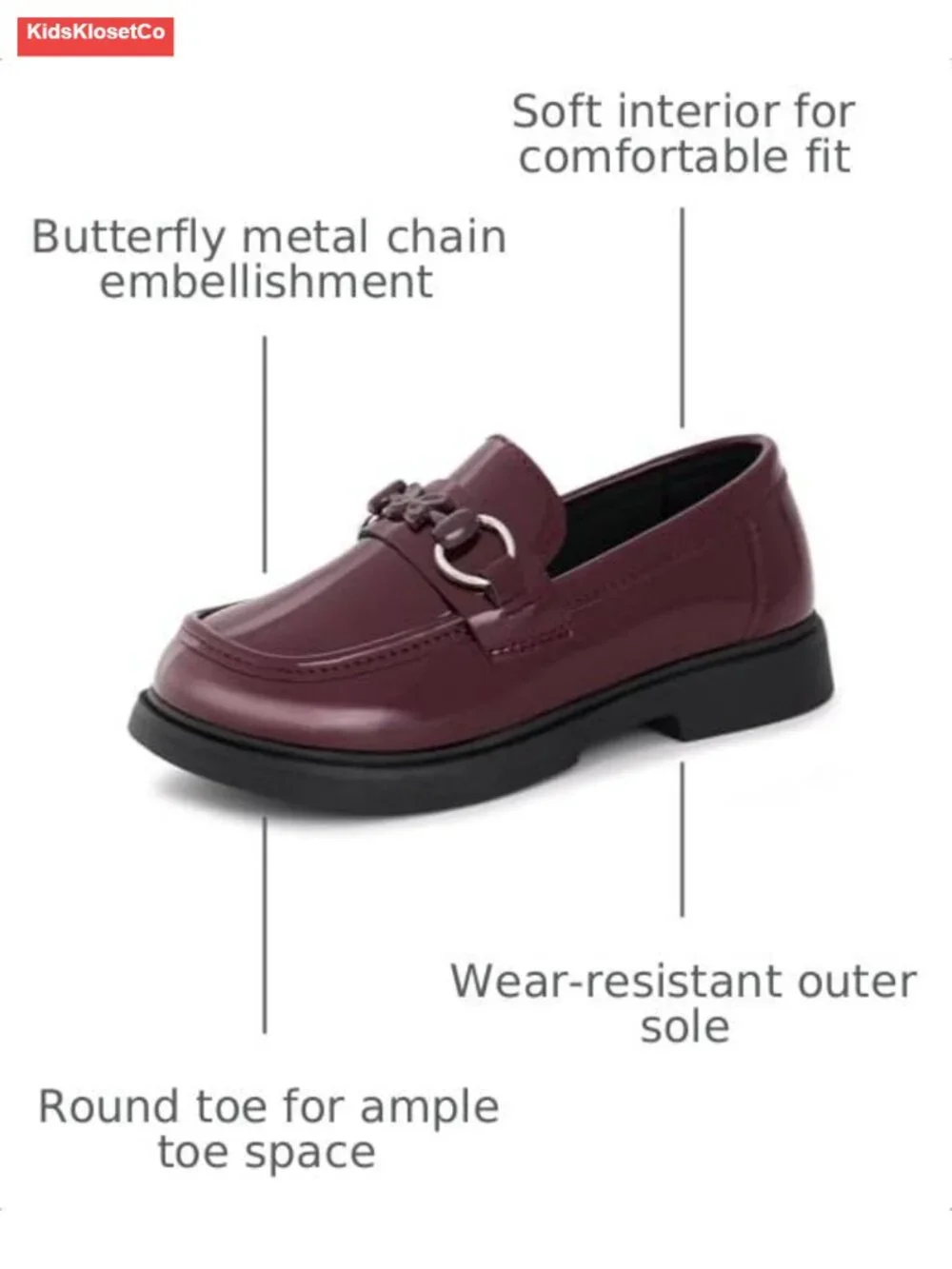 Girls Patent Leather Penny Loafers Butterfly Chain Slip-On School Shoes